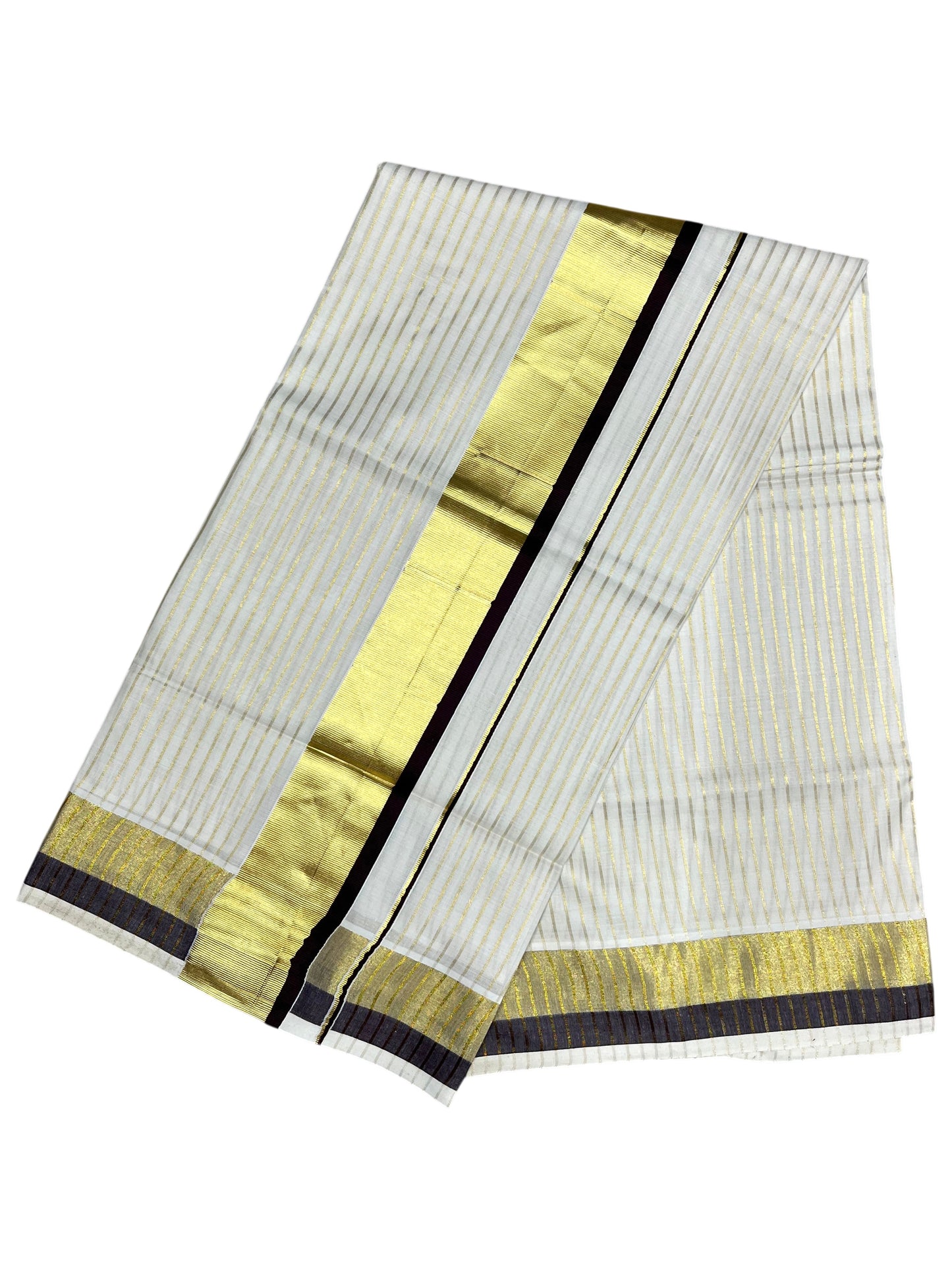 Southloom Pure Cotton Kerala Saree with Gold Kasavu Lines Across Body and Brown Border