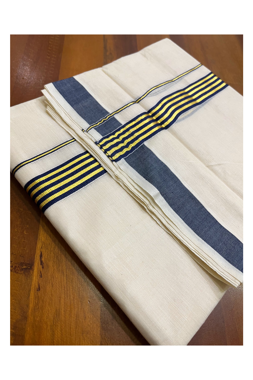 Kerala Pure Cotton Double Mundu with Navy Blue and Kasavu Lines Border (South Indian Kerala Dhoti)