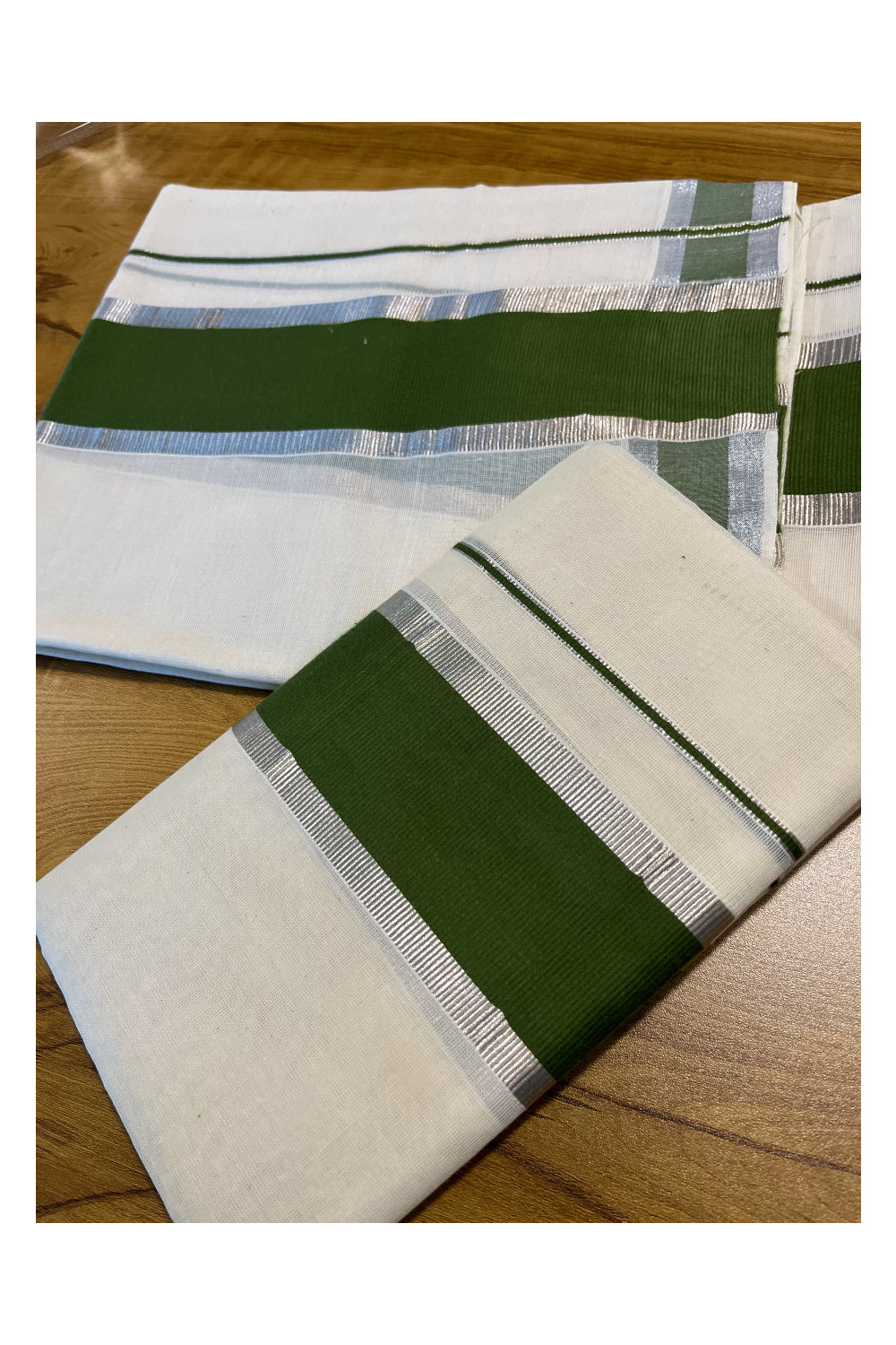 Kerala Cotton Mundum Neriyathum Single (Set Mundu) with Olive Green and Silver Kasavu Border 2.80 Mtrs