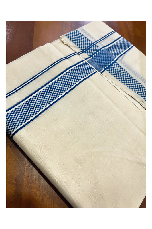 Kerala Pure Cotton Double Mundu with Blue Woven Border