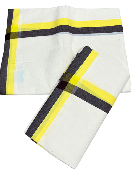 Southloom Pure Cotton Kerala Single Mulloth Set Mundu (Mundum Neriyathum) Yellow And Brown Border in 2.80 mtrs
