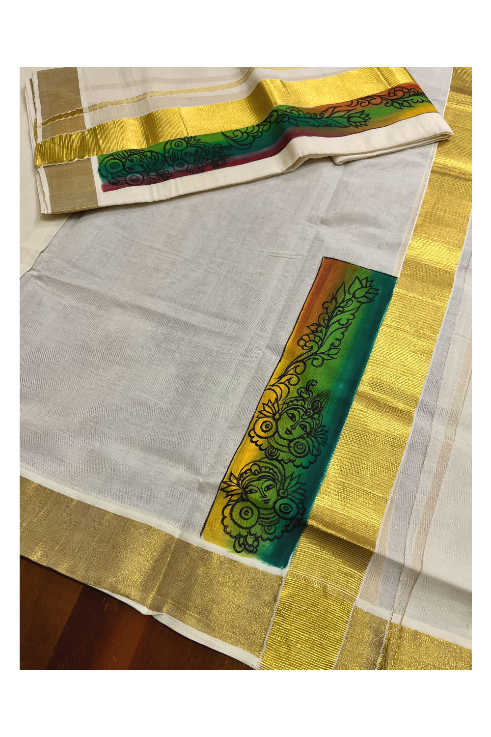 Kerala Cotton Single Set Mundu (Mundum Neriyathum) with Hand Painted Designs with Kasavu Border - 2.80Mtrs