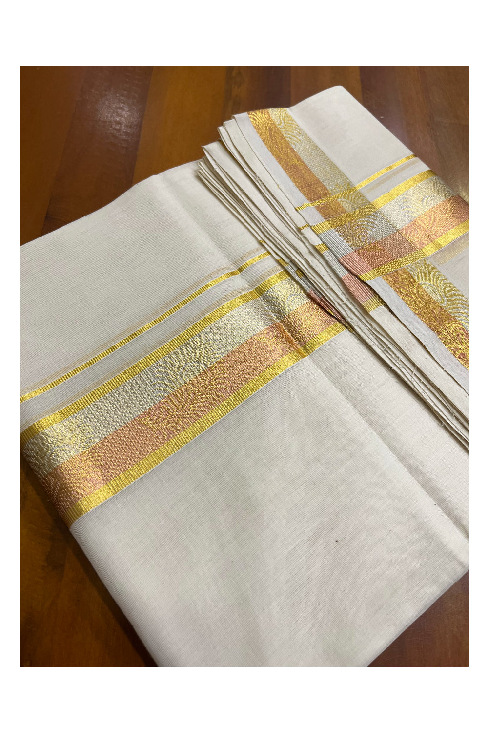 Southloom Premium Balaramapuram Unakkupaavu Handloom Mundu with Copper and Silver Kasavu Design Border (South Indian Kerala Dhoti)