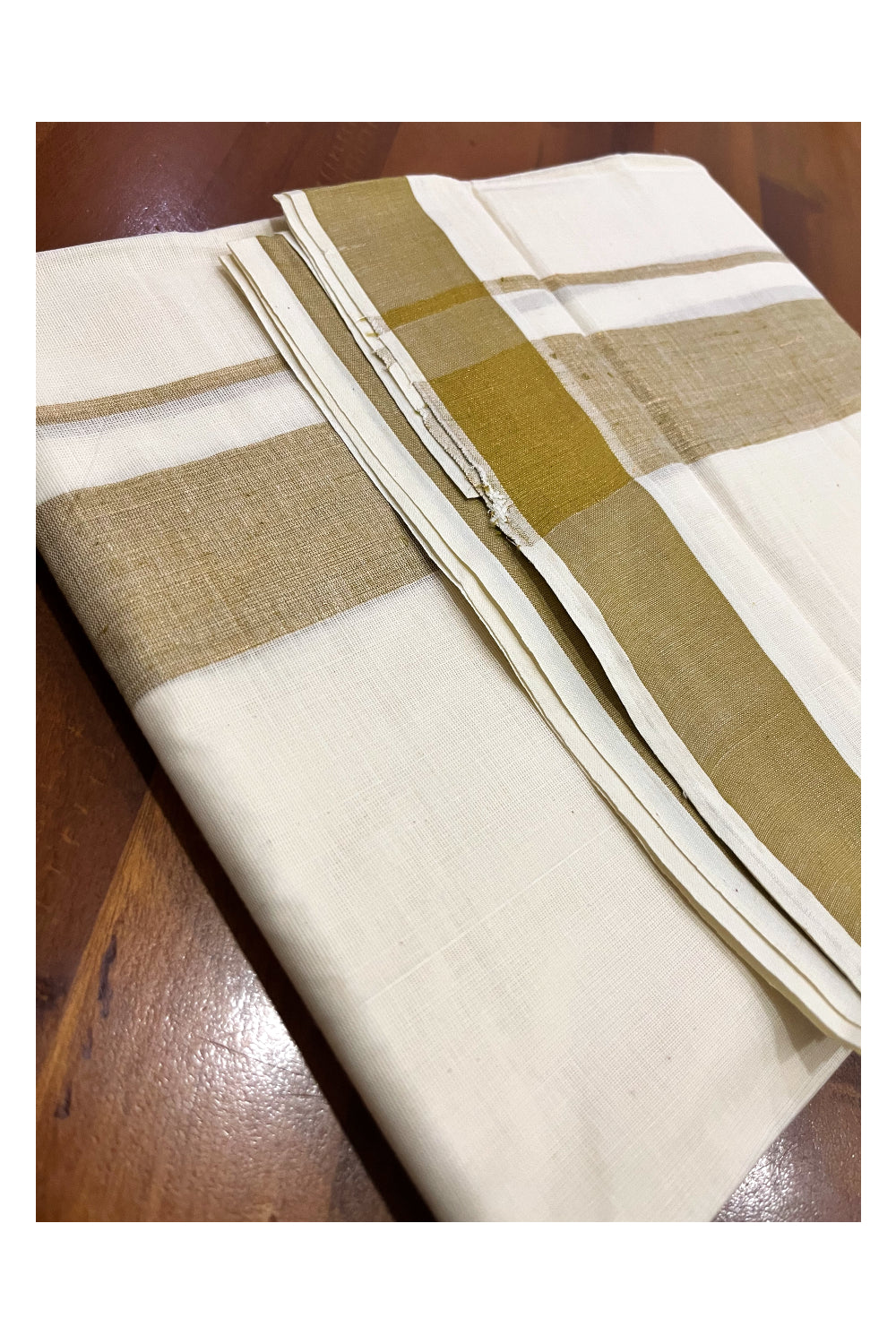 Pure Cotton Kerala Double Mundu with Light Brown Kasavu Kara (South Indian Kerala Dhoti)