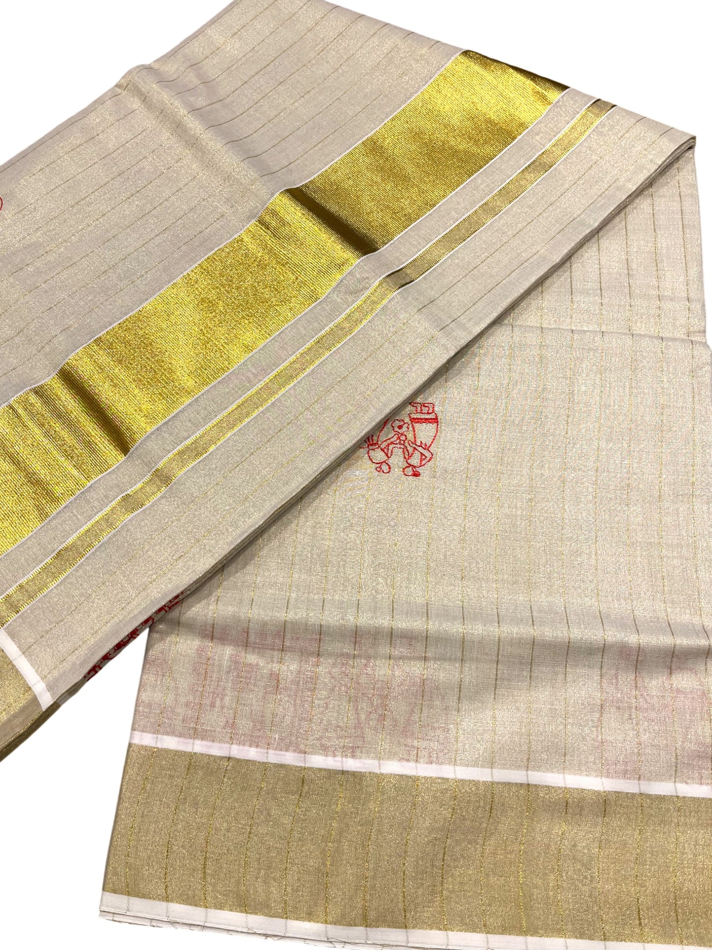 Southloom Tissue Check Kerala Kasavu Saree with Embroidery Design