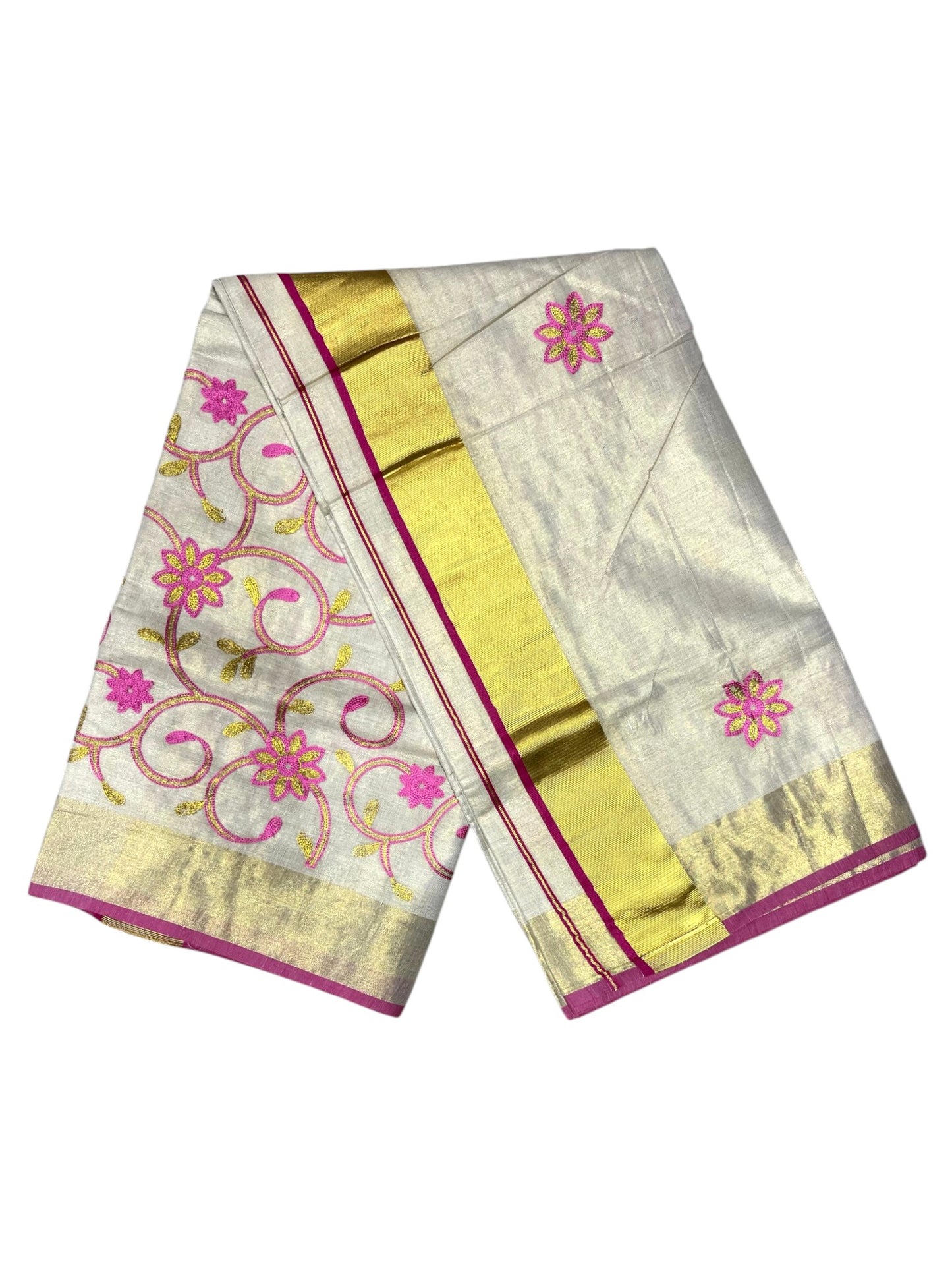 Southloom Kerala Tissue Kasavu Saree With Pink and Golden Floral Embroidery Works