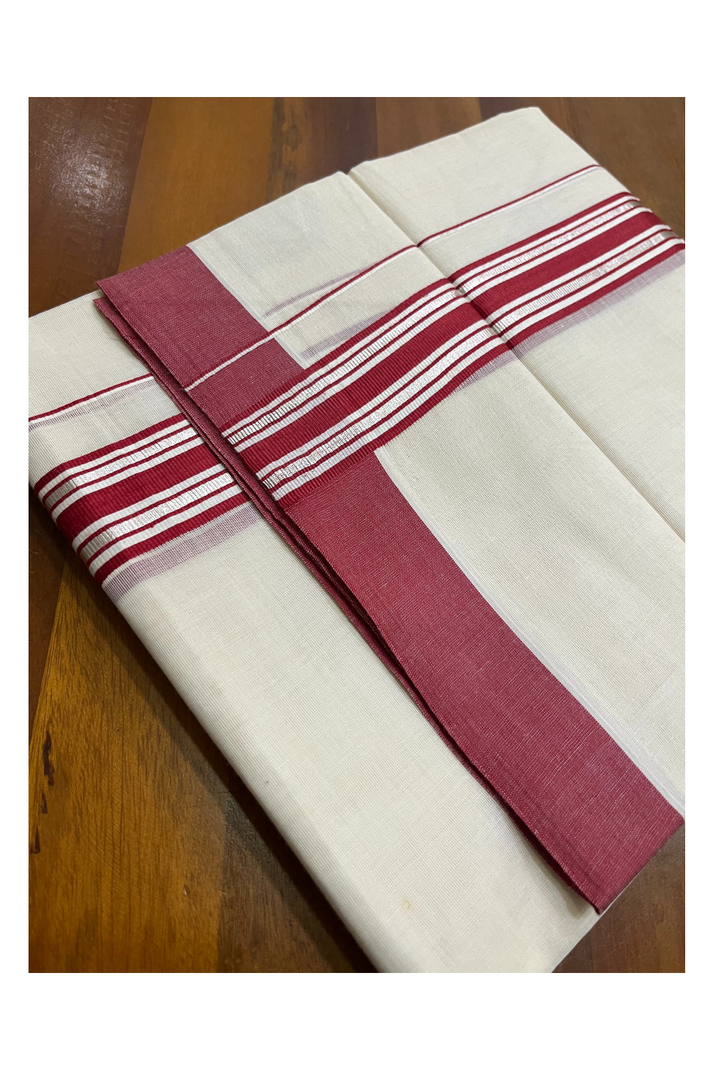 Kerala Pure Cotton Double Mundu with Silver Kasavu and Maroon Border (South Indian Kerala Dhoti)