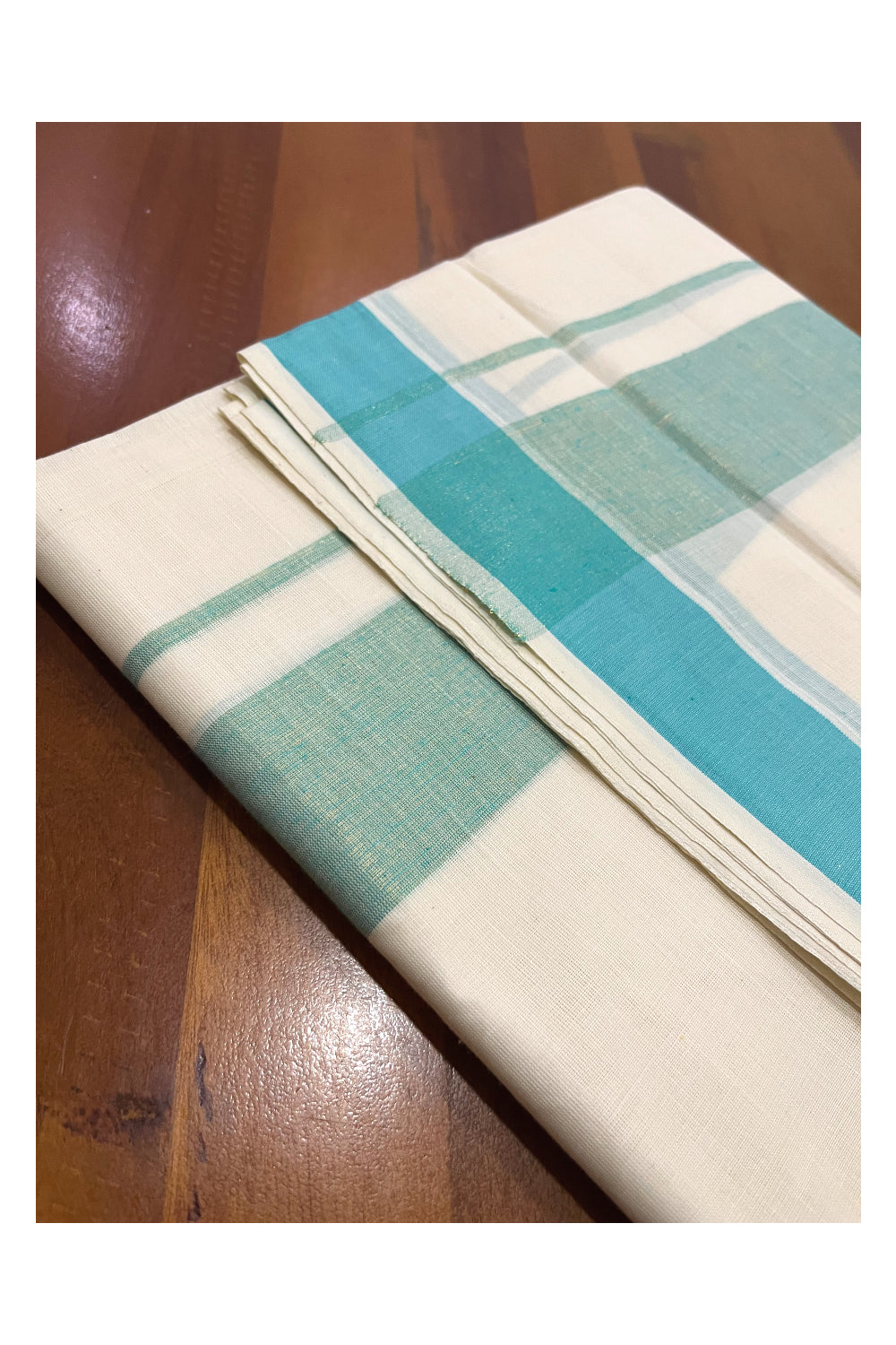 Pure Cotton Kerala Double Mundu with Turquoise Kasavu Kara (South Indian Kerala Dhoti)