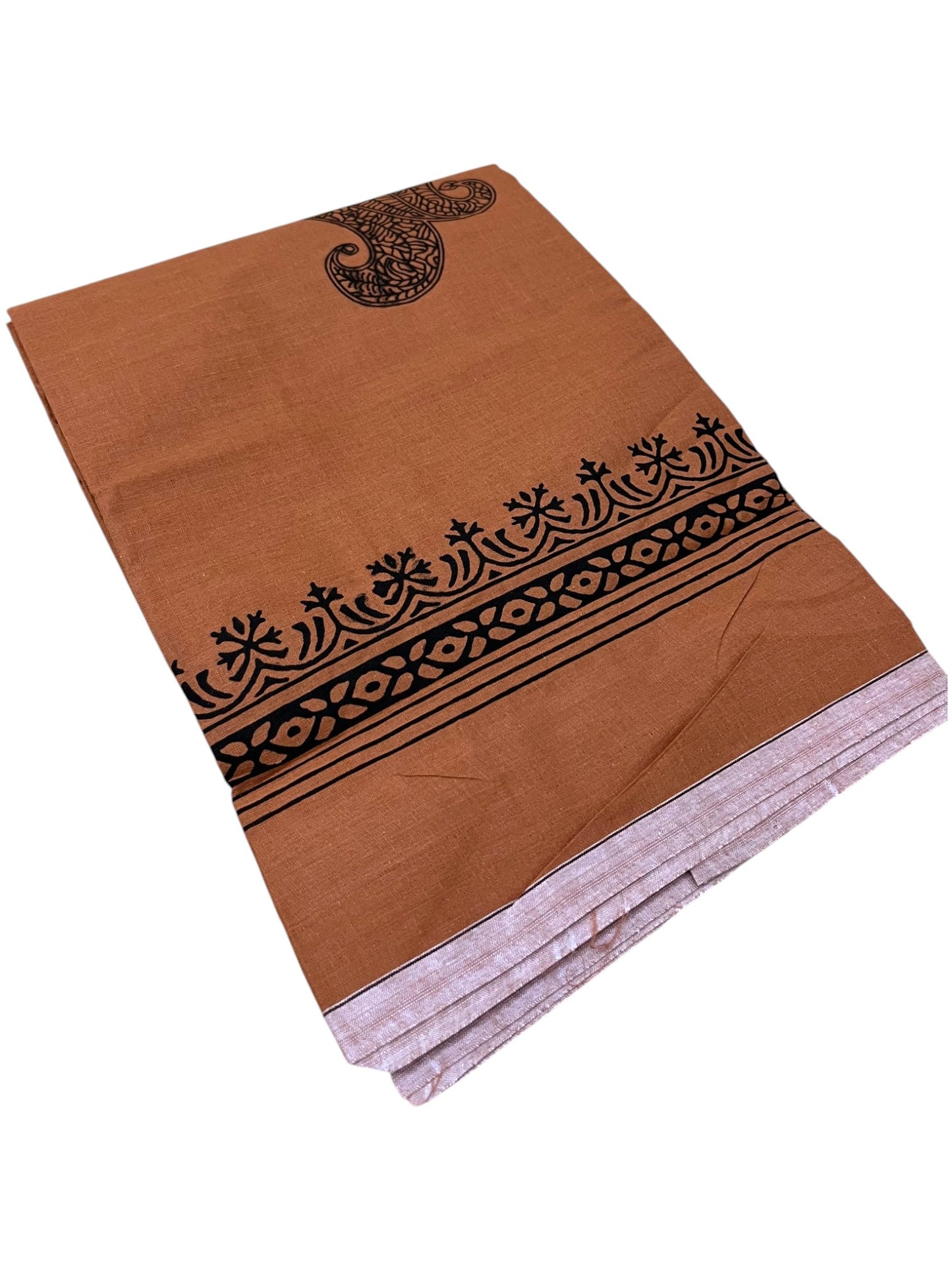 Southloom Saffron (Kaavi) Black Printed Single Mundu / Lungi (South Indian Kerala Dhoti) SL319