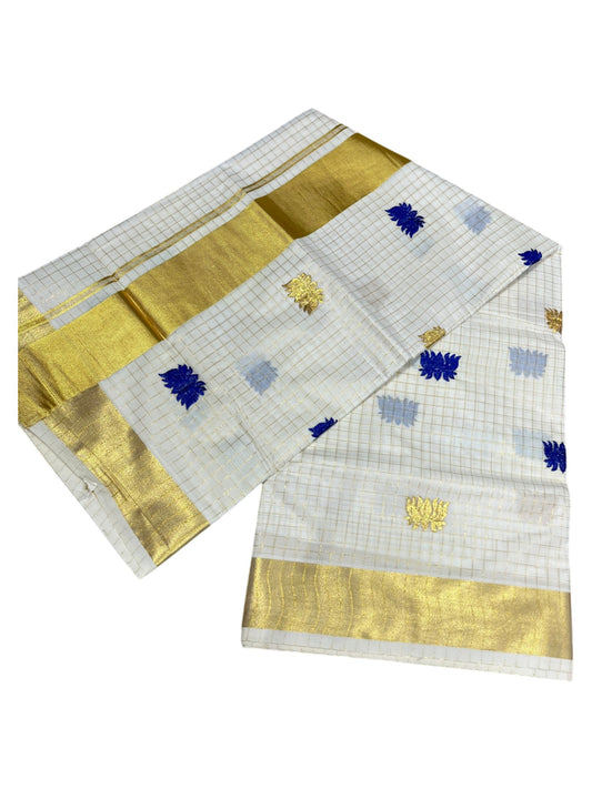 Southloom Cotton Kerala Kasavu Check Saree with Lotus Embroidery Design in Blue