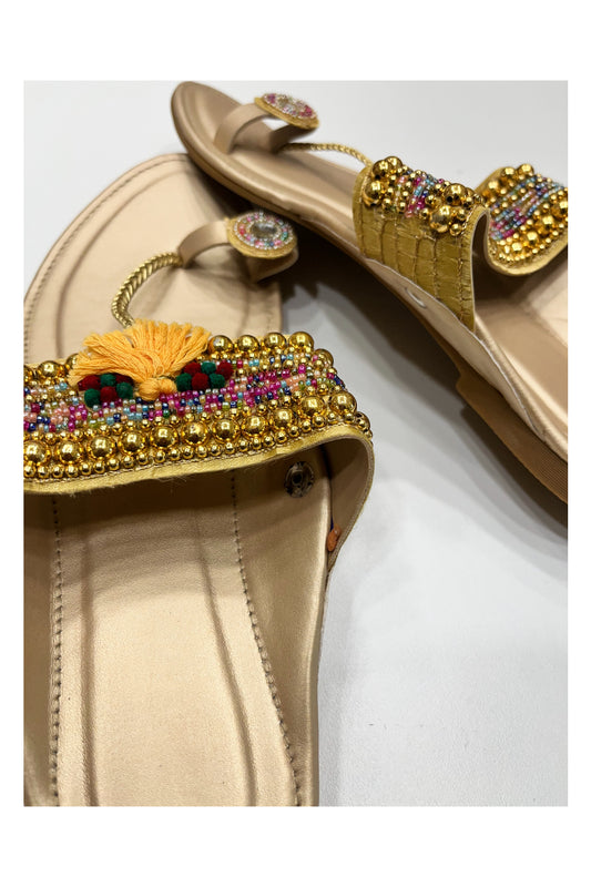 Southloom Jaipur Handmade Bead Work Golden One Toe Flat Sandals