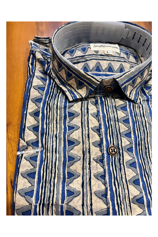 Southloom Jaipur Cotton Blue Grey Hand Block Printed Shirt (Half Sleeves)