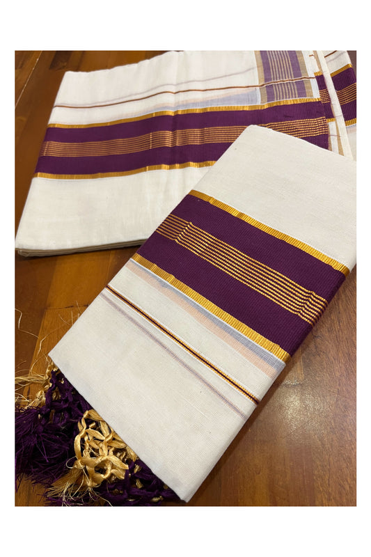 Cotton Kerala Set Mundu (Mundum Neriyathum) with Purple and Kasavu Border and Tassels