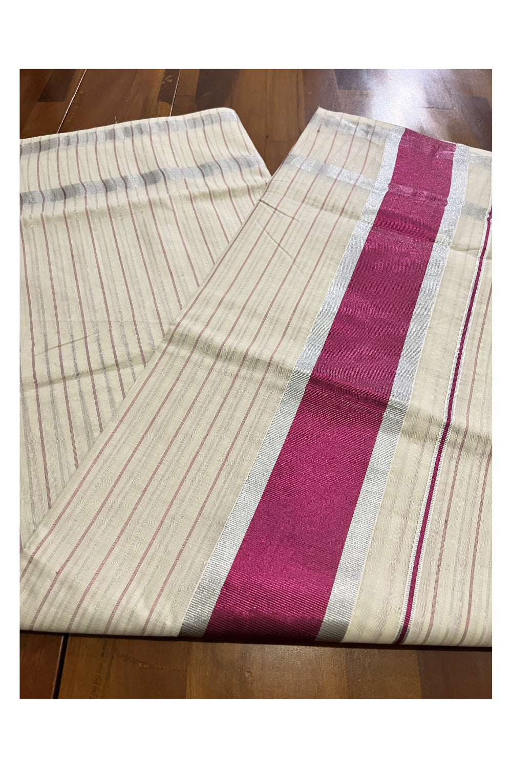 Pure Cotton Kerala Saree with Silver and Magenta Kasavu Lines Across Body