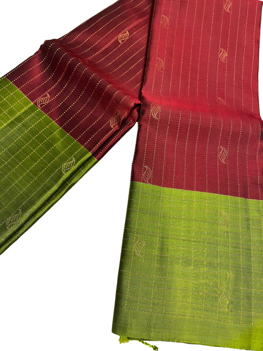 Southloom Pure Handloom Kanchipuram Silk Saree with Korvai Work (Maroon & Green)