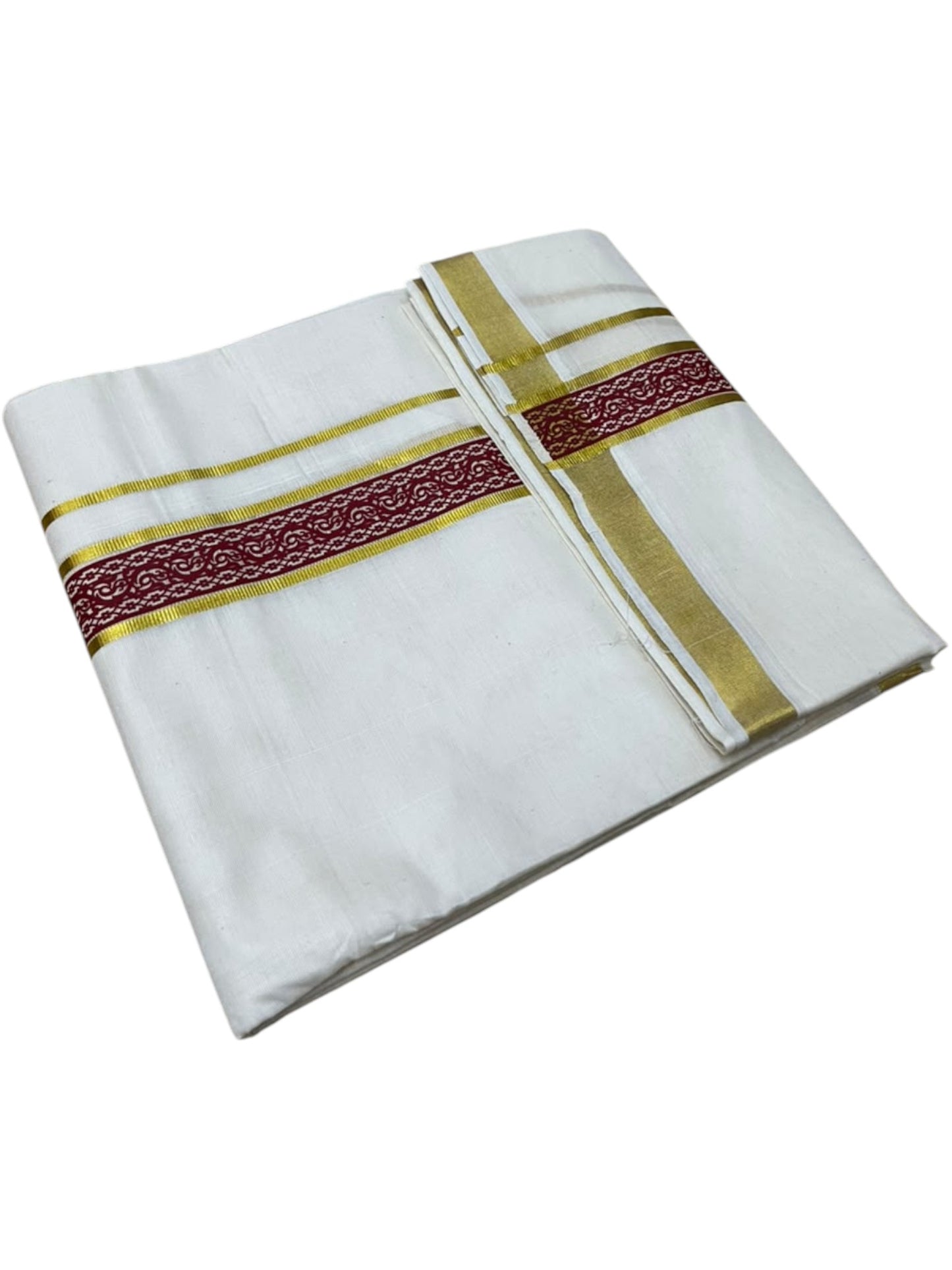 Southloom Pure Cotton Double Mundu with Maroon Block Printed And Ksavu Border (South Indian Kerala Dhoti)