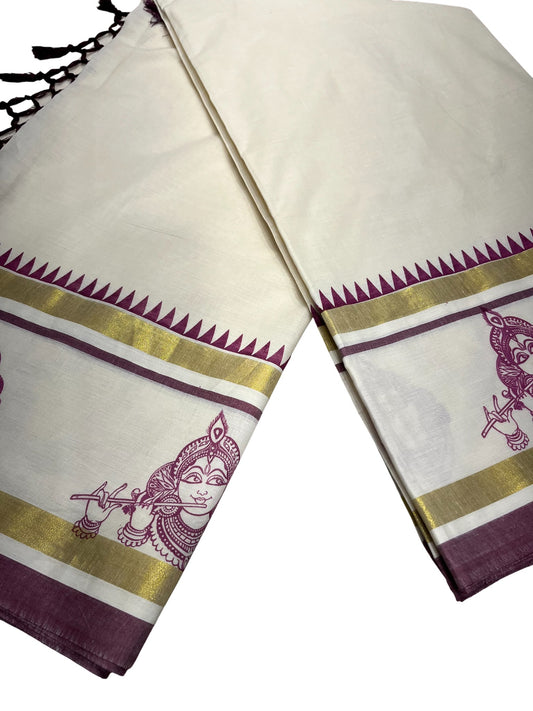Southloom Cotton Kasavu Saree with Hand Printed Design on Border
