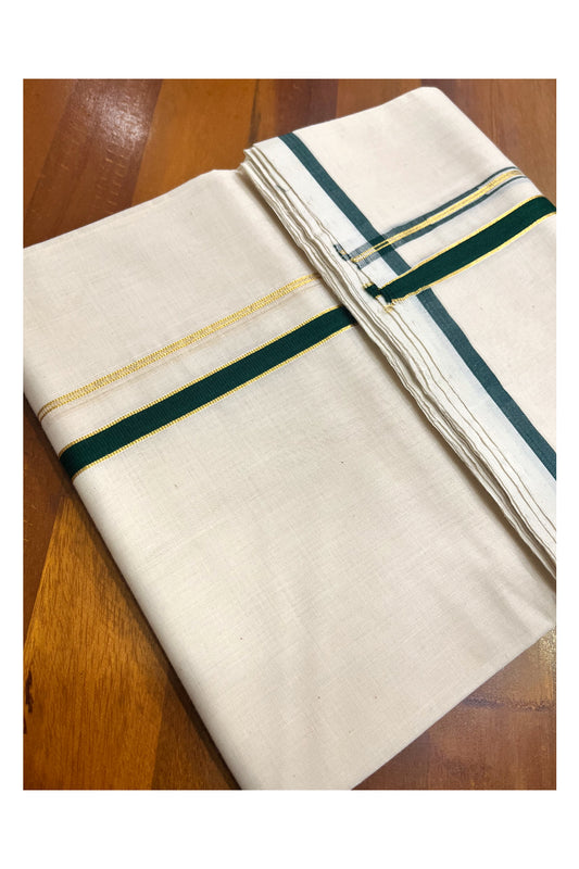Premium Balaramapuram Handloom Unakkupaavu Cotton Double Mundu with Green Puliyilakkara Kasavu Border (Vishu 2024 Collection)