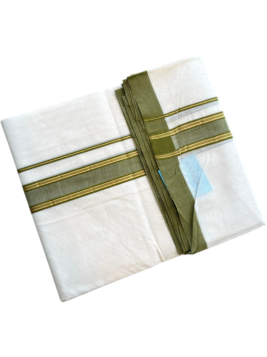Southloom Pure Cotton Mundu with Golden Lines and Olive Green Border (South Indian Kerala Dhoti)