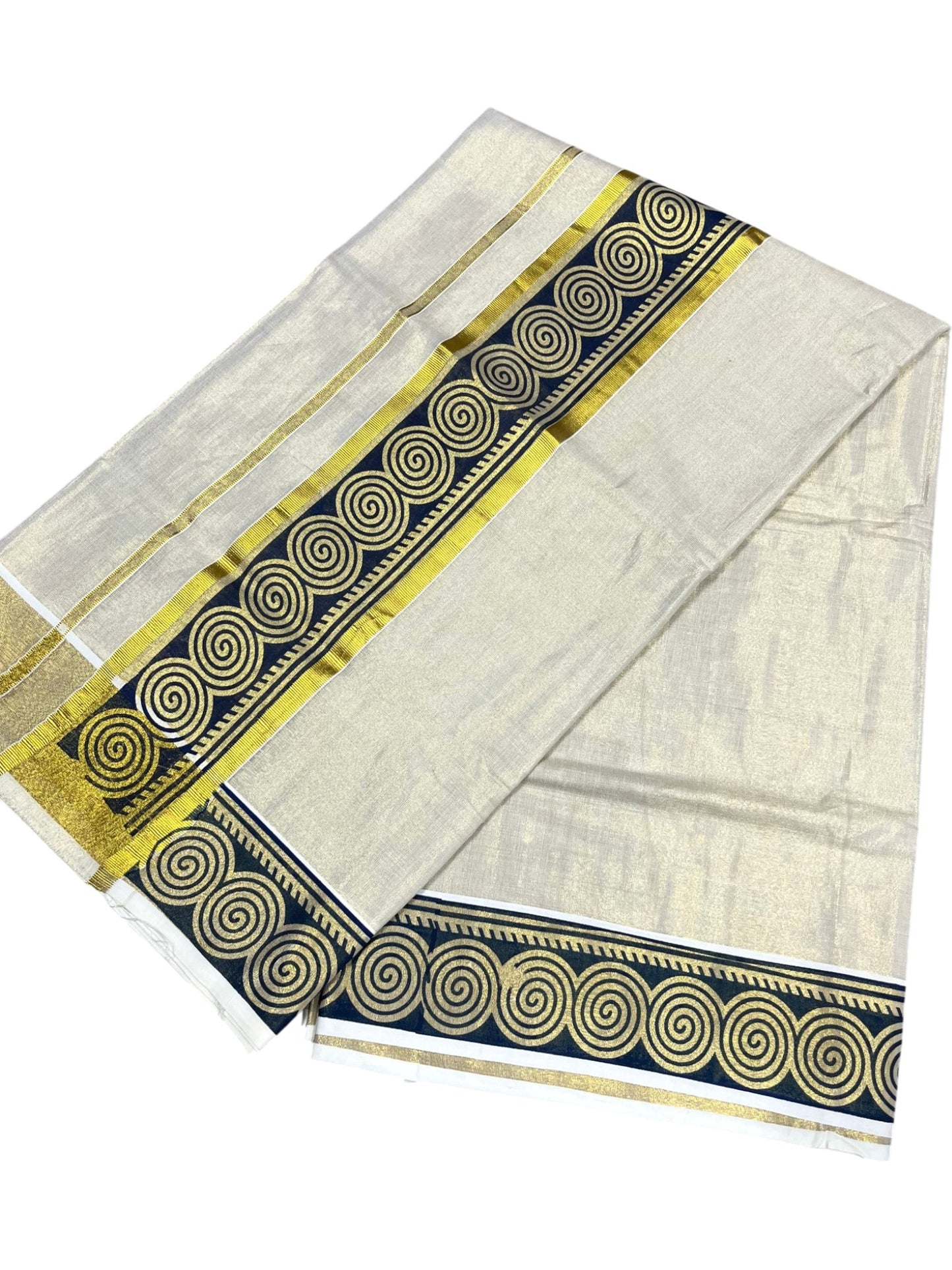 Southloom Kerala Tissue Kasavu Plain Saree Blue Hand Printed SL350