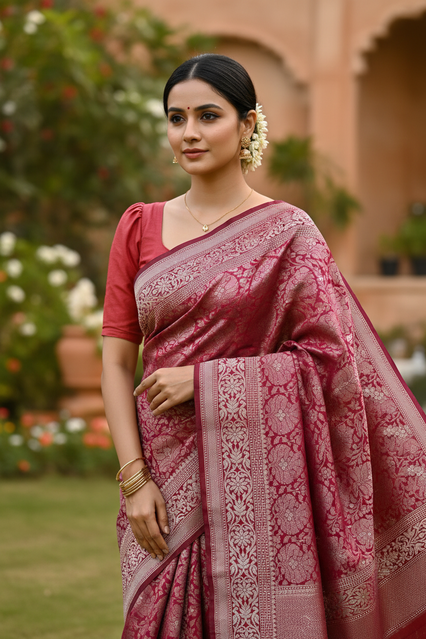 Southloom Pure Banarasi Silk Saree with Woven Work on Body and Borders (Reddish Pink)