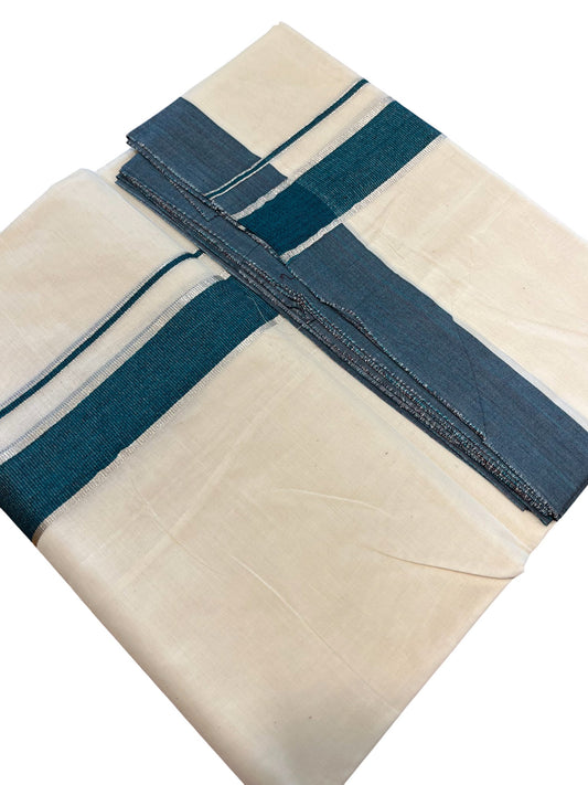 Southloom Kerala Pure Cotton Double Mundu with Silver Lines & Green Border (South Indian Dhoti)