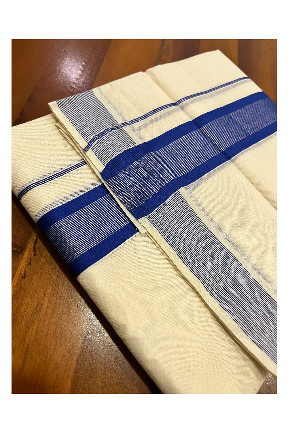 Kerala Pure Cotton Double Mundu with Blue and Silver Kasavu Border (South Indian Kerala Dhoti)