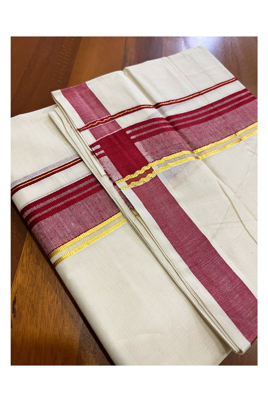 Off White Kerala Cotton Double Mundu with Kasavu and Maroon Border (South Indian Kerala Dhoti)