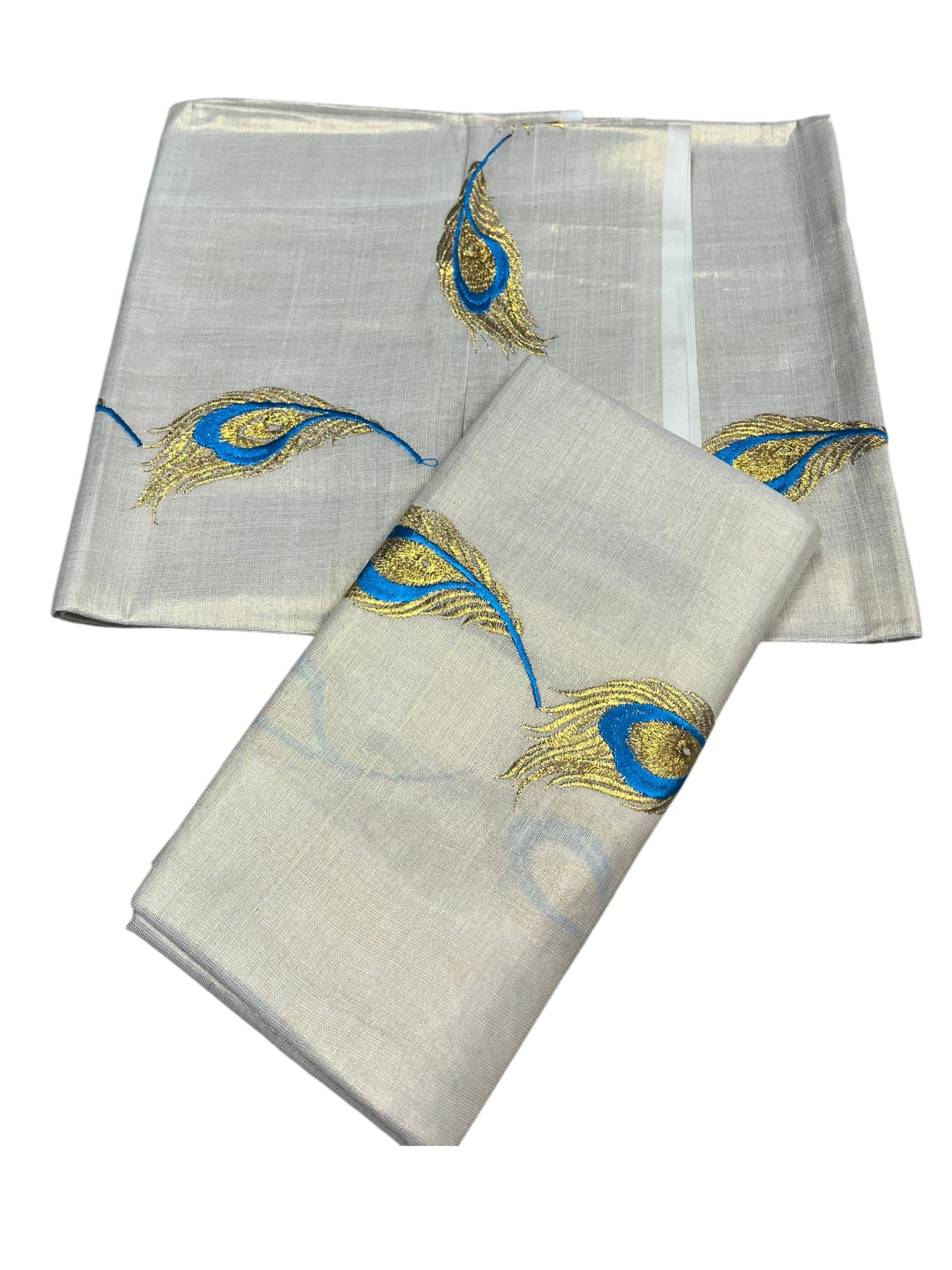 Southloom Kerala Tissue Kasavu Single Set Mundu (Mundum Neriyathum) Blue and Golden Feather Embroidery Work
