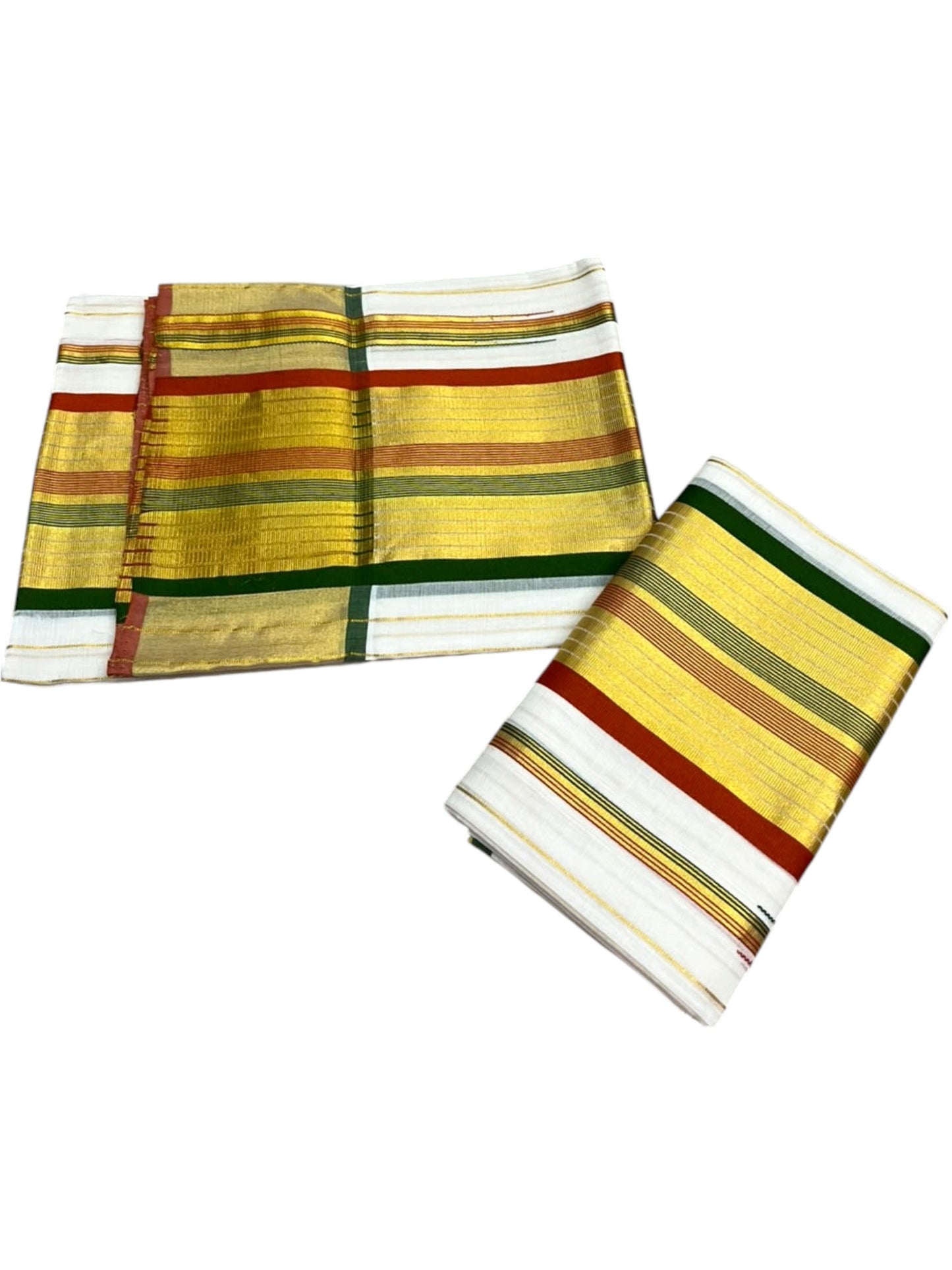 Southloom Premium Handloom Stripes Set Mundu with Maroon & Green Border and Kasavu Lines Across Body 2.80 Mtrs SL632
