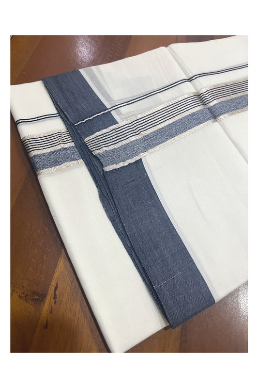 Pure White Cotton Double Mundu with Blue and Silver Kasavu Border (South Indian Kerala Dhoti)