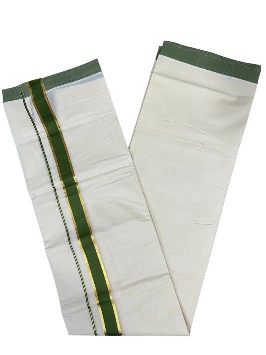 Southloom Pure Cotton Mundu with Gold Kasavu and Green Colour Border (South Indian Kerala Dhoti)