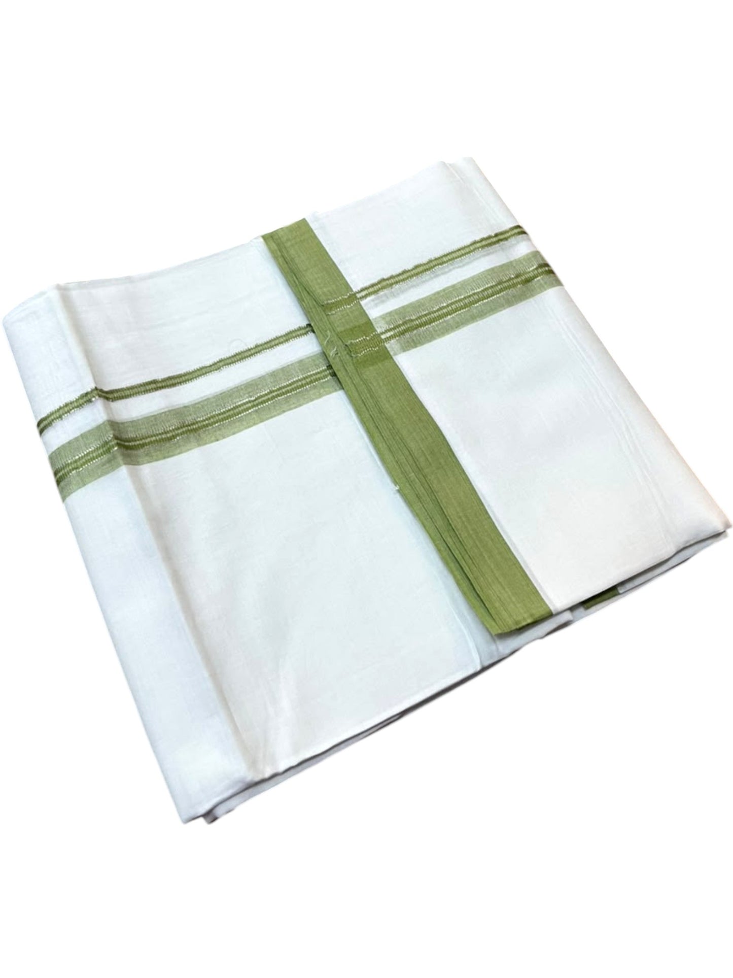 Southloom Pure White Cotton Mundu with Olive Green & Silver Line Border (South Indian Kerala Dhoti)