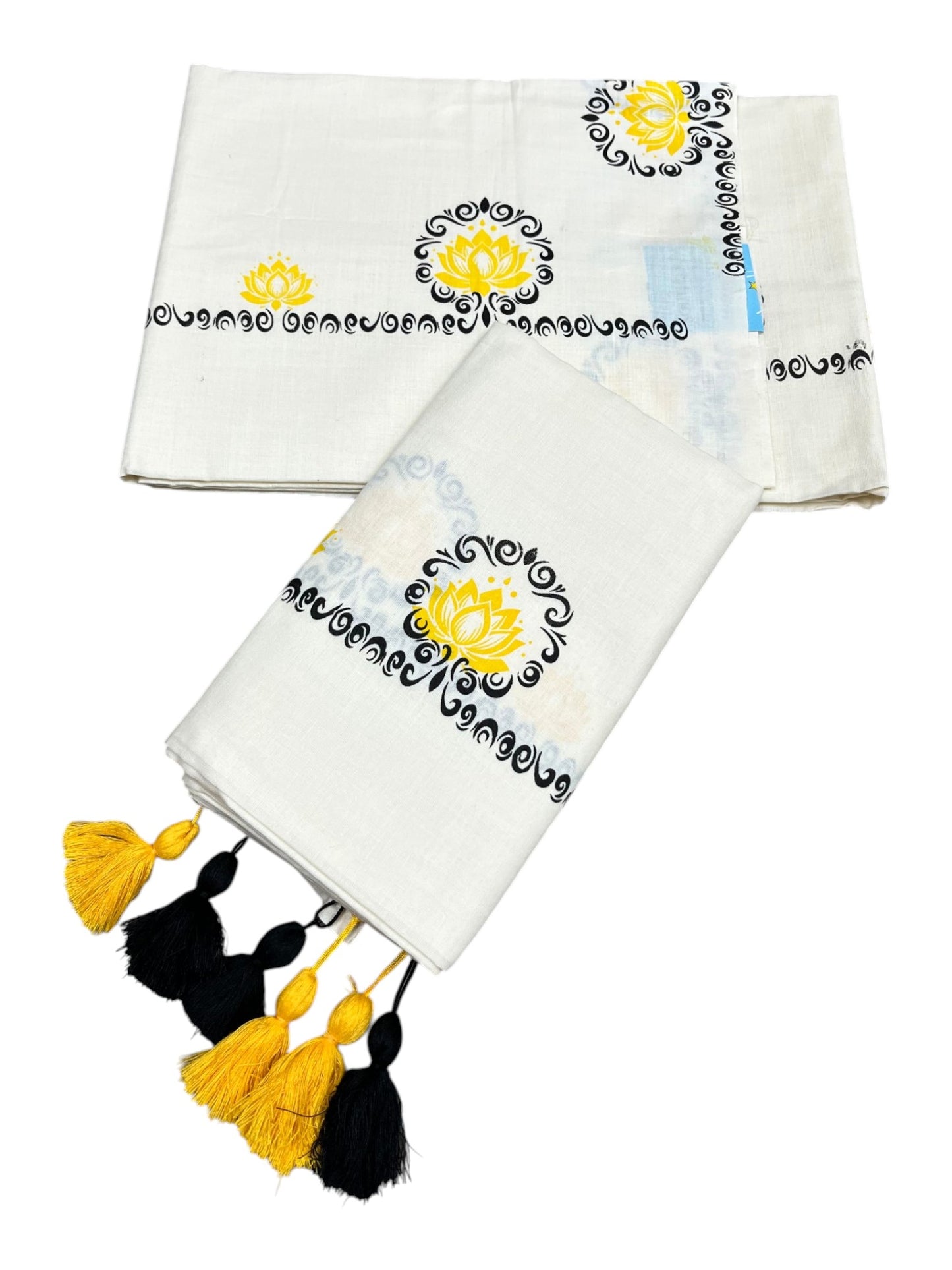 Southloom Kerala Cotton Single Set Mundu (Mundum Neriyathum) with Yellow &Black Lotus Block Printed Design