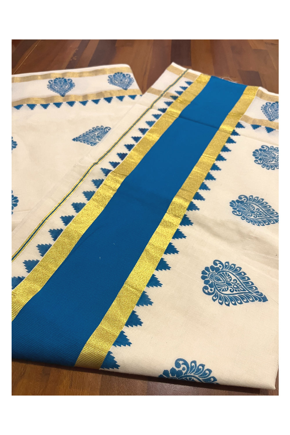 Pure Cotton Kerala Saree with Blue Block Printed Kasavu Border