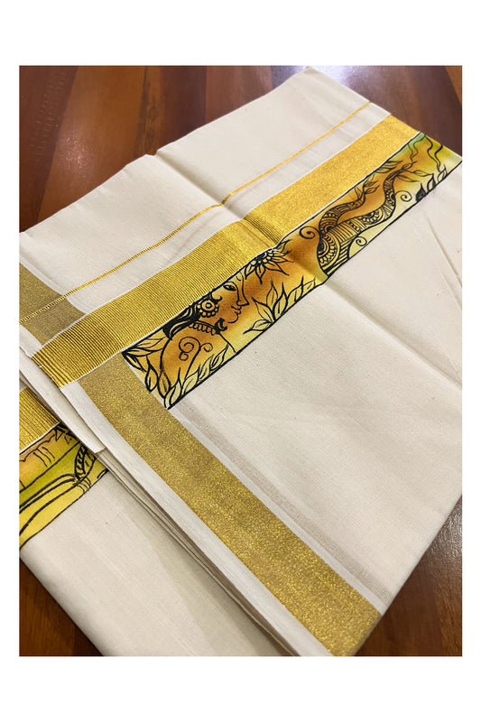 Pure Cotton Kerala Double Mundu with Krishna Hand Painted Designs on Kasavu Border (Vishu Collection 2024)