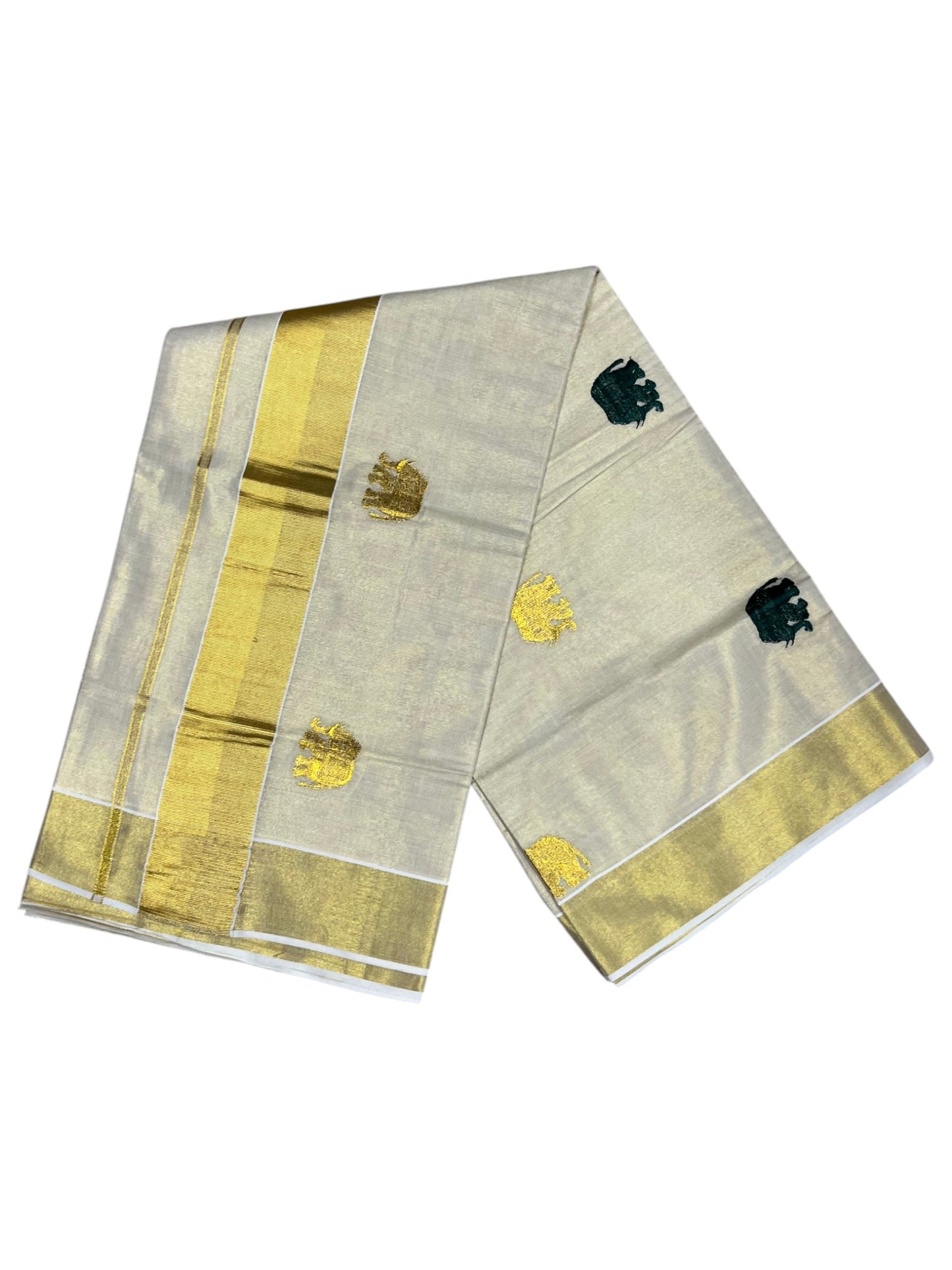 Southloom Kerala Tissue Kasavu Plain Saree with Gold & Green Elephant  Embroidery Work