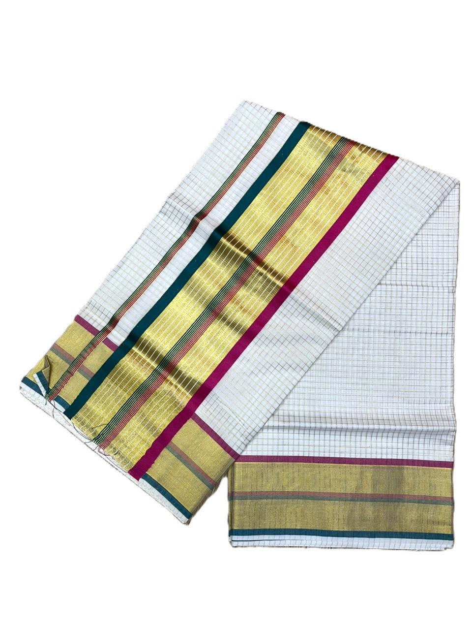 Southloom Kerala Cotton Kasavu Saree with Micro Check Design on Body in Magenta  & Peacock Green Border SL453