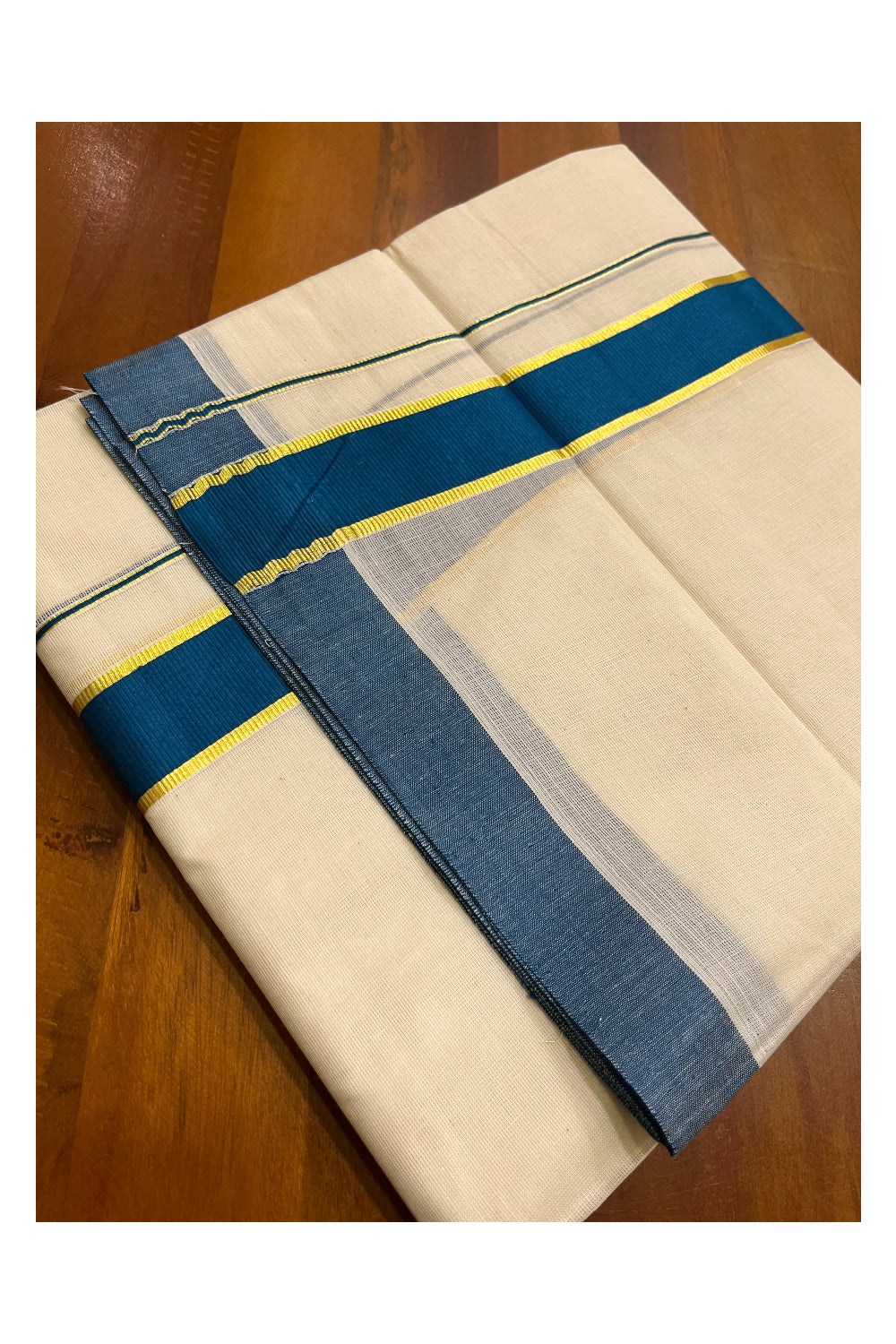 Kerala Pure Cotton Double Mundu with Teal Blue and Kasavu Border (South Indian Kerala Dhoti)