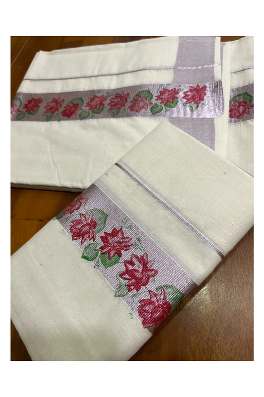 Kerala Pure Cotton Single Set Mundu (Mundum Neriyathum) with Red Green Block Prints on Rose Copper Kasavu Border