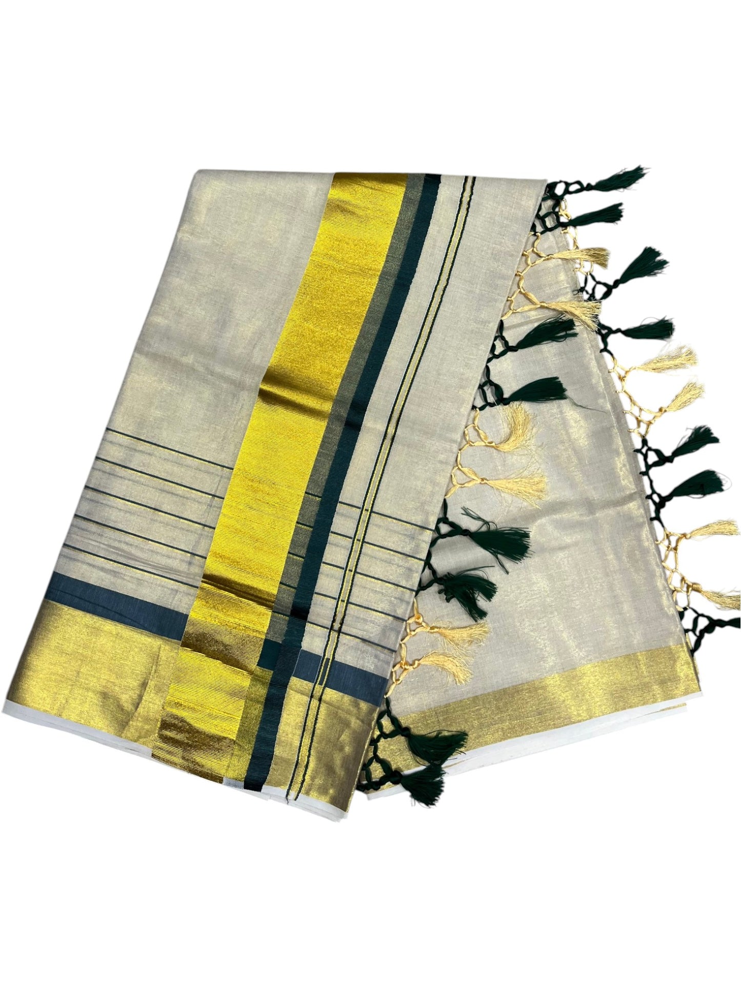 Southloom Kerala Tissue  Kasavu Saree with Stripes on Body with Green Borders