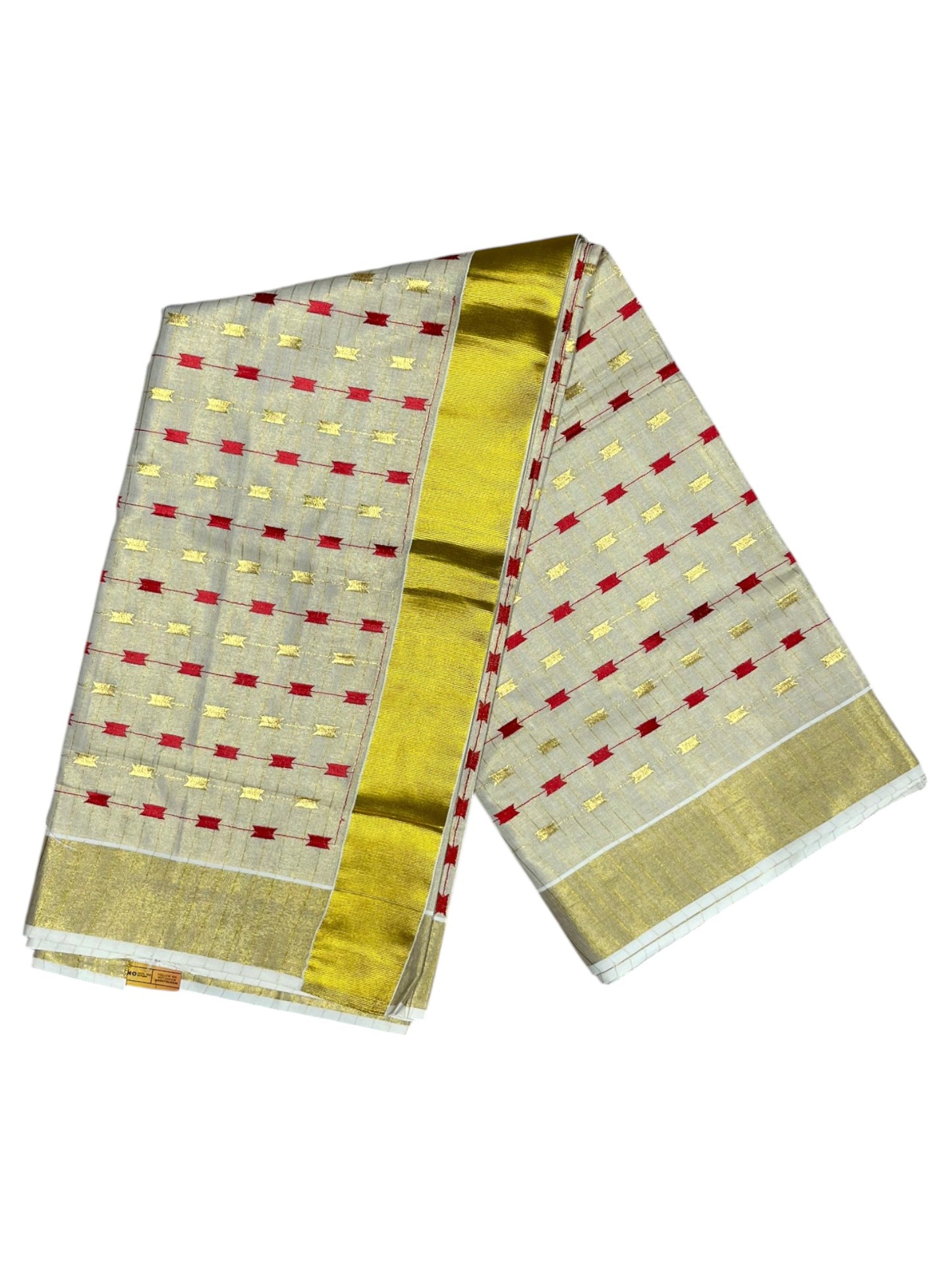 Southloom Tissue Kerala Kasavu Plain Saree with Red &Gold Embroidery Designs on Body