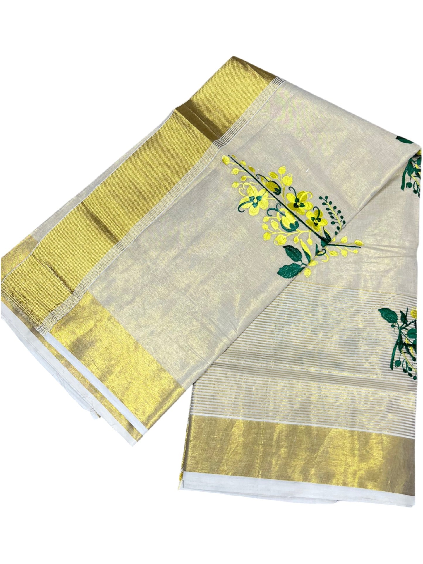 Southloom Tissue Kerala Kasavu Saree with Kanikonna Embroidery Work on Body