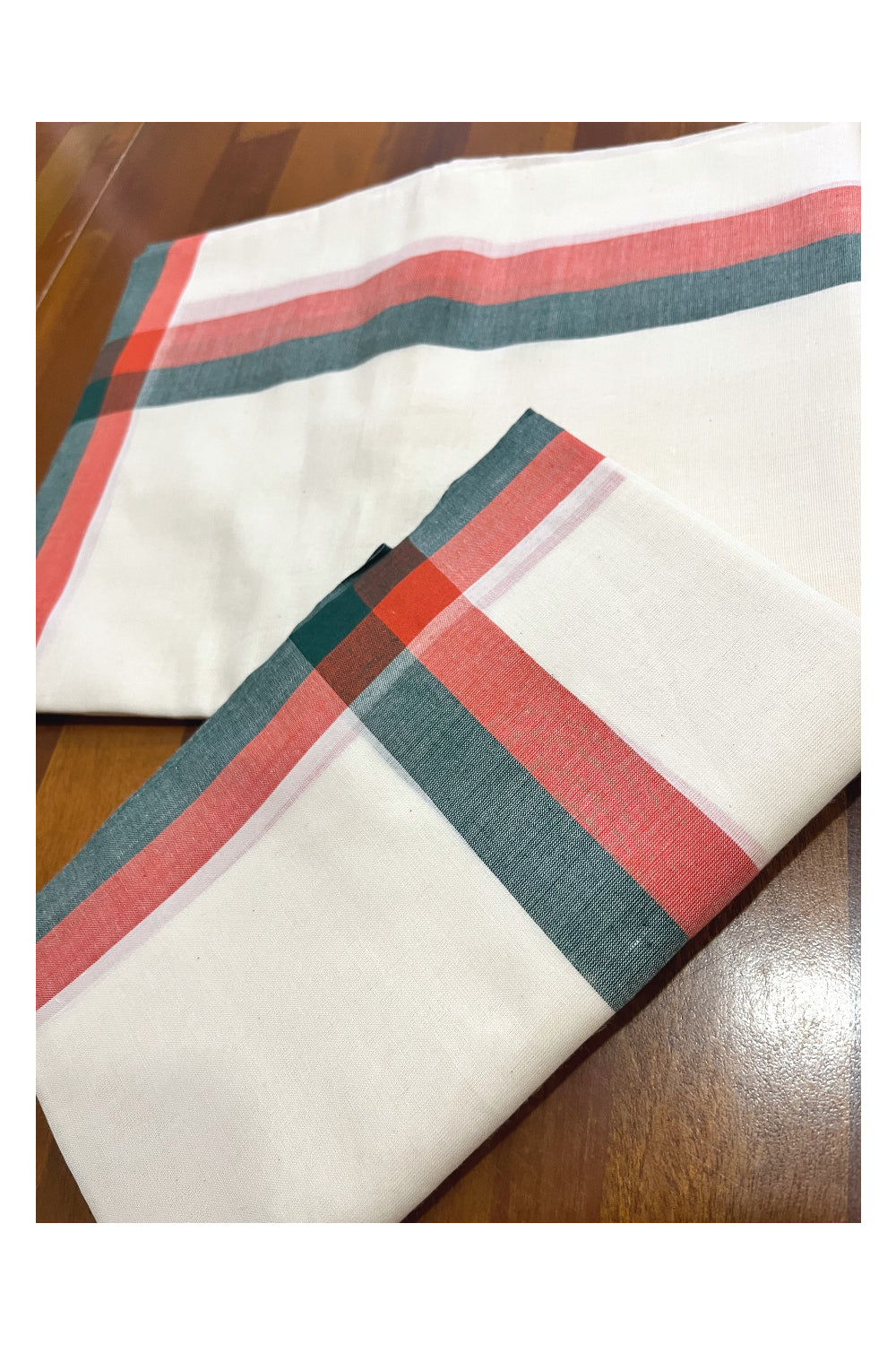 Kerala Cotton Mulloth Mundum Neriyathum Single (Set Mundu) with Orange Green Border (Extra Soft Cotton) 2.80 Mtrs