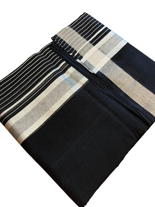 Southloom Premium Handloom Cotton Black Double Mundu with Silver Lines