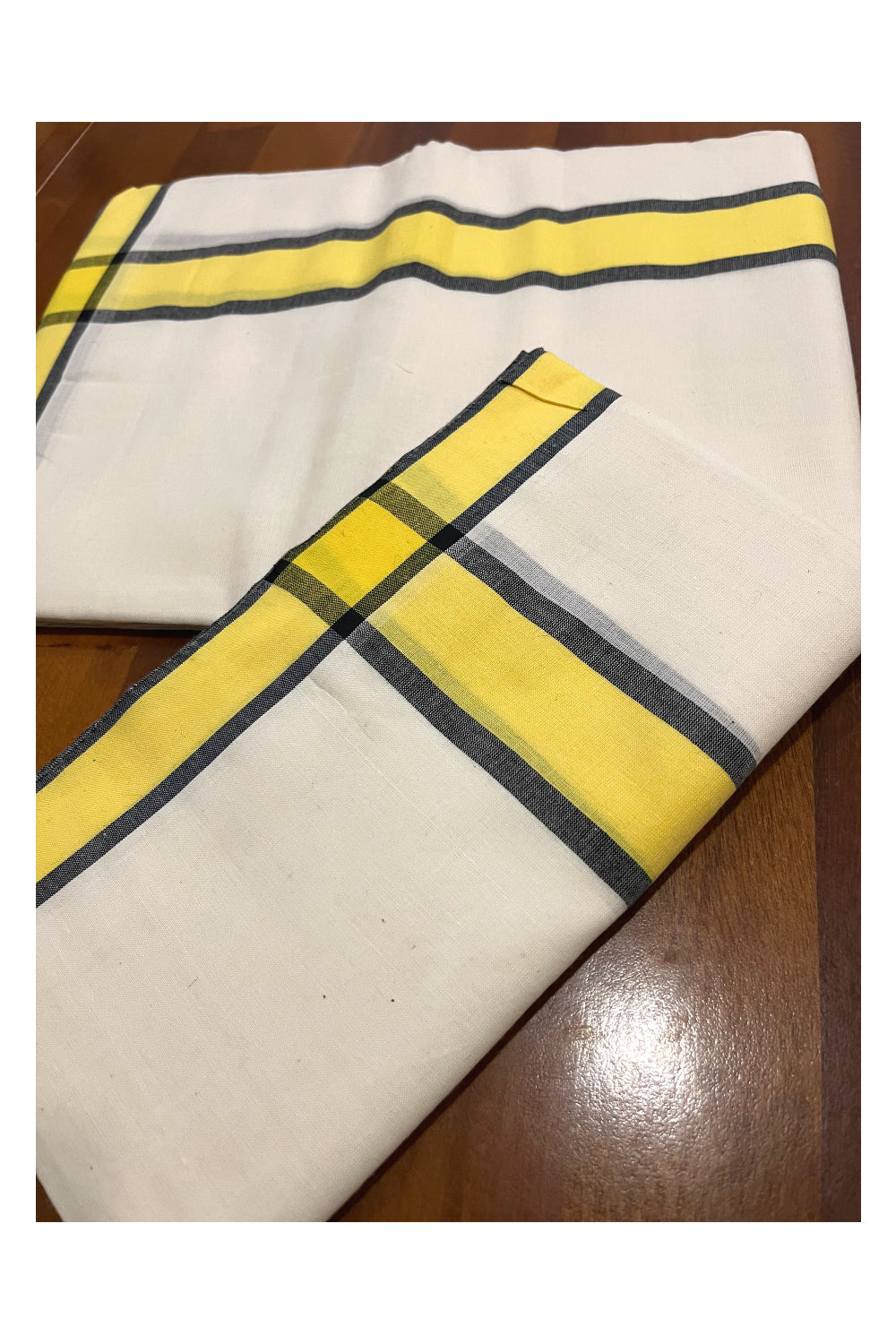 Kerala Cotton Mulloth Single Set Mundu (Mundum Neriyathum) with Yellow Black Border (Extra Soft Cotton)