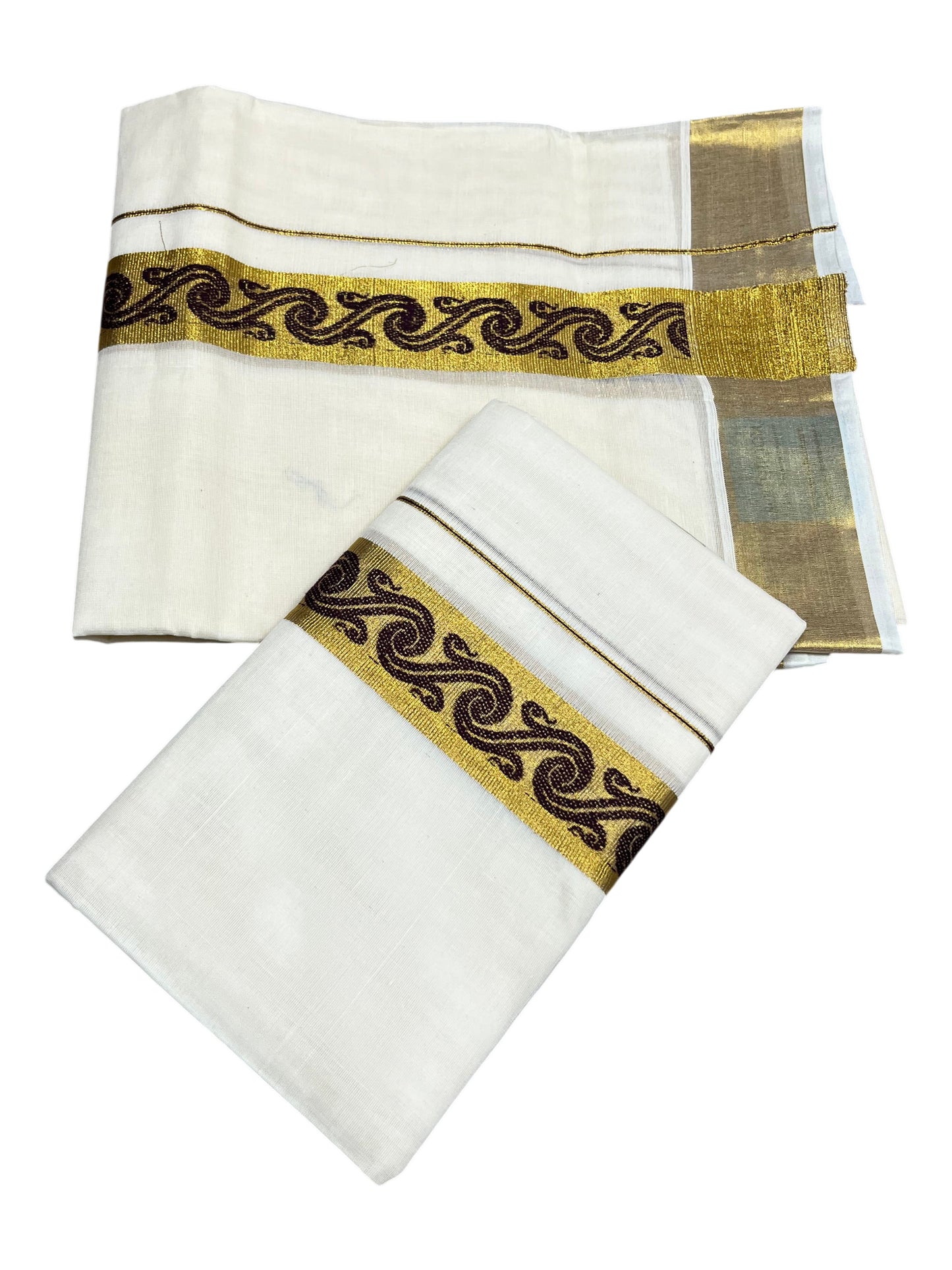 Southloom Kerala Pure Cotton Set mundu  (Mundum Neriyathum) with Brown Block Prints on Kasavu Border-2.80Mtrs