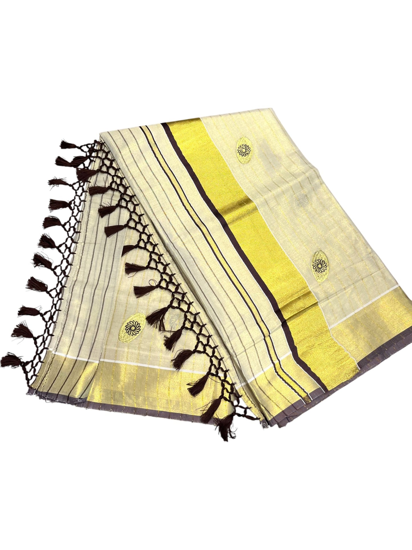 Kerala Tissue Kasavu Stripes Saree with Brown and Gold Embroidery Design on Body