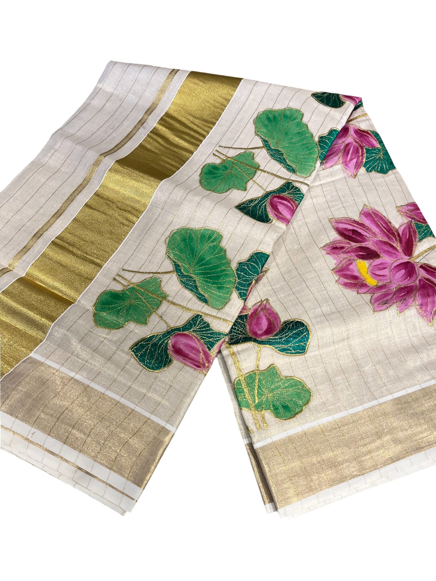 Southloom Tissue Kerala Kasavu Saree with Hand Painted Embroidery Lotus Design