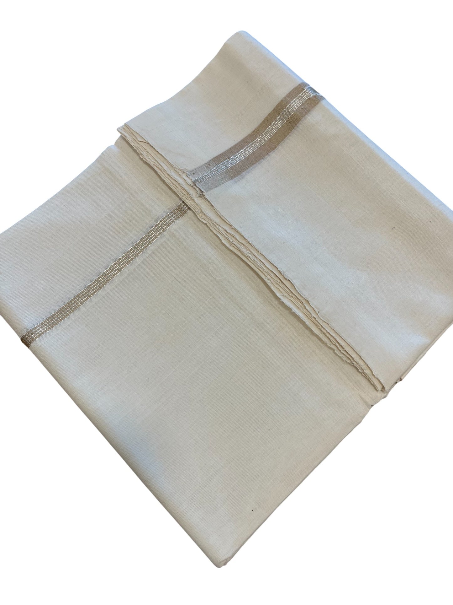 Southloom Premium Handloom Cotton Double Mundu with Silver and Beige Chutti Kara Border
